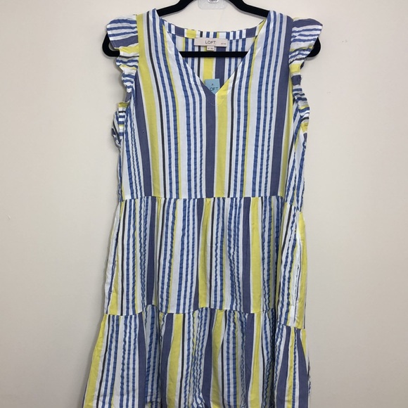 LOFT Striped Flutter Dress Blue Yellow Size SP - Picture 2 of 9